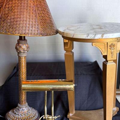 Lot 176: Heavy 32” Table Lamp, Banker’s Light, And Side Marble Top Table