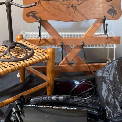Lot 156: Coleman Twin-Single High With Quick pump, Wicker Stool, Alarm Clock, Horseshoe Rack