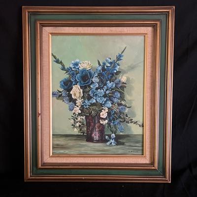 Lot 320: Vintage Blue Floral Bouquet Oil Painting