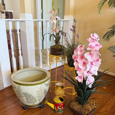 Lot 402: Ceramic Fern Planter, Antique Tole Watering Can, Plant Stands, Artificial Plants