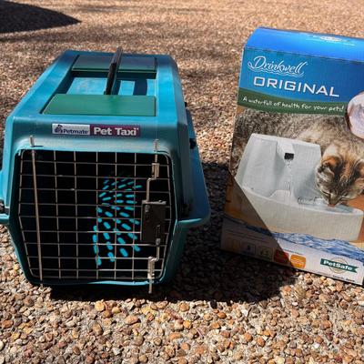 Lot 219: Cat Carrier And Waterfall Water Bowl And Feeding Dishes 