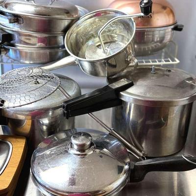 Lot 113: Pots And Pans, Steak Platters, Pressure Cookers, Food Mill,Wok…