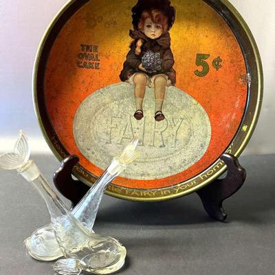 Lot123: Vintage Clear Glass Double Fish Oil &Vinegar Cruet &  Cheinco Fairy Soap Metal Tin Tray