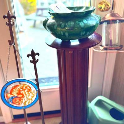 Lot 129: Fleur De Lis Adjustable Iron Wreath (or Plant) Hangers, Bird feeder, Plant Stand.