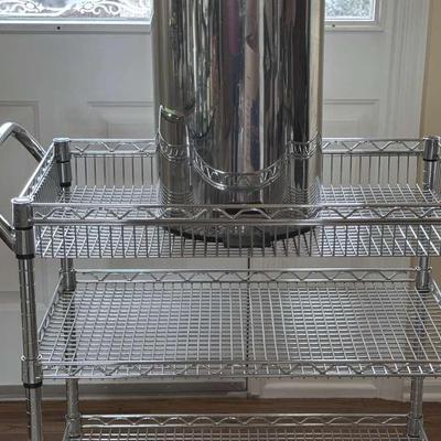 Lot 174: Heavy Duty Three Tier Metal Cart And Stainless Garbage Can