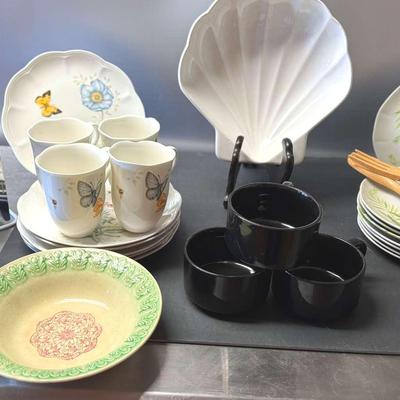 Lot 125: Great Lenox Butterfly Luncheon Plates/Cups, Silverware , Bowls, Shell Server (MV & Oven )
