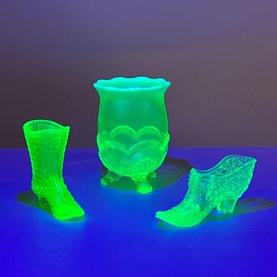 (3pc) Uranium Glass | Including two cut glass shoe vessels and a three footed vase. - h. 5.5 x dia. 4 in (vase)