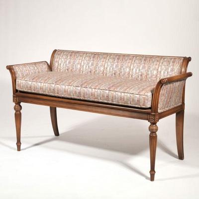 French Caned Bench / Settee | Low back settee or window bench with caned seat and separate cushion matching the upholstered back and...