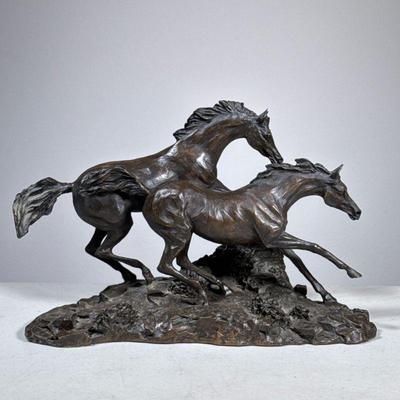 Lanford Monroe Horses Bronze | Morning on the Montana Plains by Lanford Monroe, ‘84 Franklin Gallery. Two wild running horses. - h. 8 x...