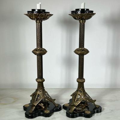 (2pc) Candlestick Mounted Lamps | Matching brass wired candlestick holder lights. Tripod bottoms terminate with claws. Mounted on black...