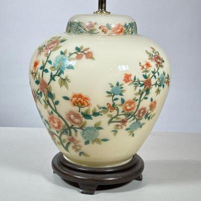 Chinese Style Floral Lamp | Printed floral decoration on a blown milk glass jar. - h. 28 x dia. 20 in (with shade)