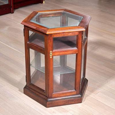 Hexagonal Display Table | Small side table display cabinet with three shelves and six glass sides. - h. 25 x w. 19 x d. 19 in