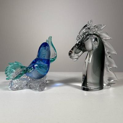 (2pc) Art Glass Sculptures | Including a smoky glass horse’s head and a Murano glass blue bird with green wings, labeled "Arte...