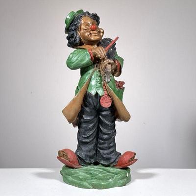 “CONTI” BRONZE CLOWN SCULPTURE, VIOLIN PLAYER | Painted bronze figure of a clown musician, signed on base. - h. 19 in
