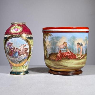 (2pc) Painted Porcelain | Royal Vienna style porcelain including a painted vase (h. 7 in.) with gilt highlights, marked and numbered 875...