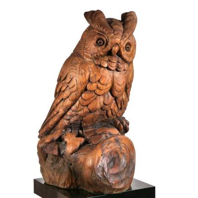 Monumental Carved Wood Owl | Incised signature "M. Barradas". - h. 22.5 x l. 18.5 in (approx.)

