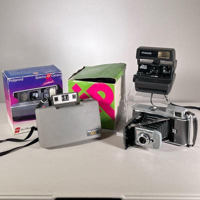(5pc) Vintage Polaroid Cameras | Spectra AF Camera, Polaroid Land Camera Model 80 among the cameras.