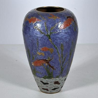Enameled Brass Vase | Decorated with goldfish in the water amongst seaweed. - h. 7 x dia. 4.5 in


