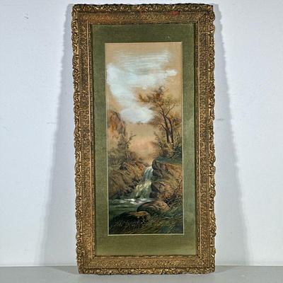 (1pc) Landscape | Watercolor or reproduction print housed in an ornate gold carved frame with green colored matting. - h. 27 x w. 14 in

