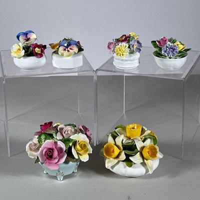 (6pc) Porcelain Flower Baskets | Fine porcelain floral arrangements, with pieces marked Floral Bone China Staffordshire England, Royal...