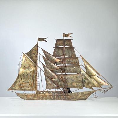 Curtis Jere Style Ship Wall Hanging | Mid-century modern copper schooner model ship wall hanging. - h. 25 x l. 39.5 in

