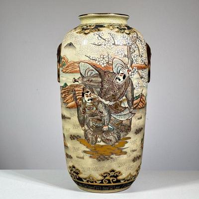 JAPANESE SATSUMA VASE | Showing samurai and courtiers before cherry blossom tree, marked on the bottom. - h. 18 x dia. 10 in

