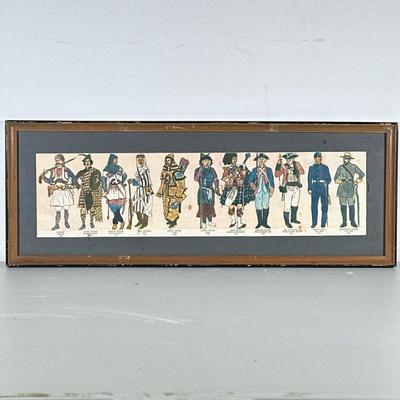 Soldies of the world | A print illustrating soldiers across the world from the late 1700s to mid 1800s, matted in a wood frame. - h. 10 x...