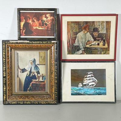 (4pc) Artwork Group | Including a ship's portrait in silver-toned frame, a print of a Dutch-style portrait of a maid, an...