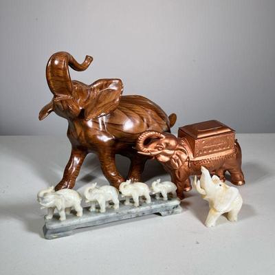 (4pc) ELEPHANT FIGURES | Mixed lot of elephant figures including: ceramic painted elephant figurine, carved stone elephant, carved stone...