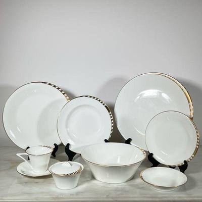 Mikasa China Dinner Service | Mikasa Bone China, dinnerware set in the “Sphinx” pattern, white with gold trim, including 16 dinner...