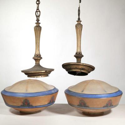Pair Frosted Glass Hanging Fixtures | Bohemian glass fixtures, painted frosted glass domes. - h. 30 x dia. 16 in (approx.)