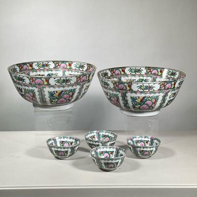 (6pc) Chinese Famille Rose Bowls | Including two center bowls and four smaller bowls (dia. 5 in.) - h. 6.25 x dia. 14.25 in (largest)