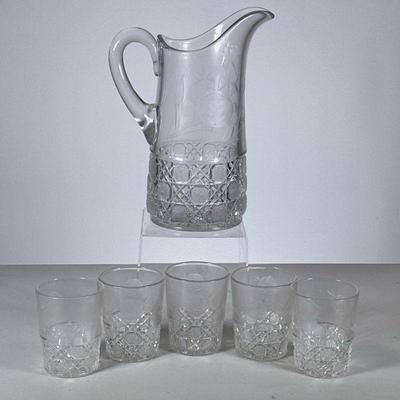 (6pc) Pitcher and Glasses | Cut glass pitcher and five matching glasses with etched decoration. - h. 10.5 x dia. 4.75 in (Pitcher)