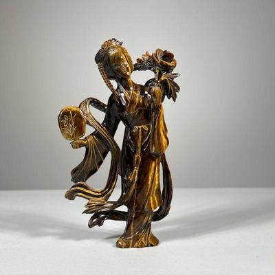 Chinese Tiger's Eye Carved Statuette | Carved statue of a woman in robes. - h. 7 x w. 4 in

