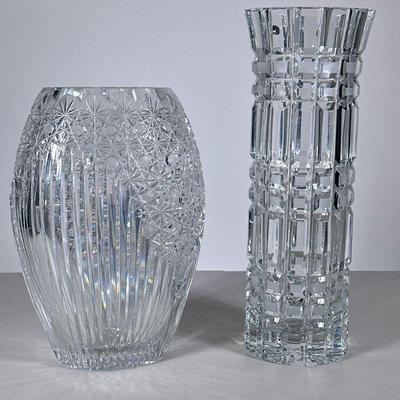 (2pc) Crystal Vases | Including a cut crystal flower vase with star motif and banded pattern, and a Russian leaded crystal glass vase...