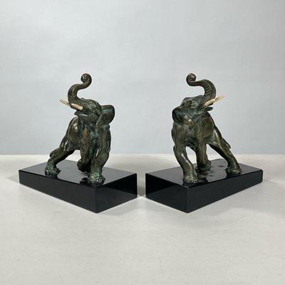 (Attr) Louis Albert Carvin (French, 1875-1951) | Attributed to sculptor Louis Albert Carvin, a pair of bronze elephant bookends on stone...