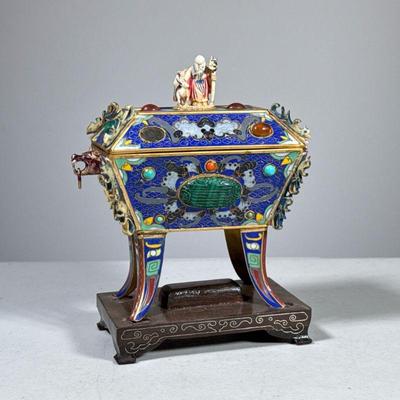 Cloisonné Lidded Censer | Sarcophagus form censer on four legs with overall cloisonne decoration and with applied carved stone and...