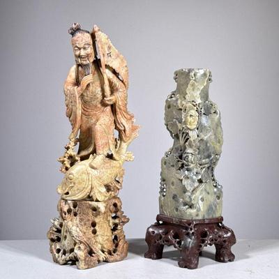 (2pc) CARVED STONE FIGURES | Carved stone Chinese figures including: a fisherman figure, and floral carved green stone vase or...