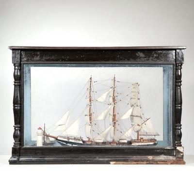 Large Model Ship | Ship Agnis in display case with water and lighthouse. - h. 23 x l. 34.5 x d. 14 in (case)


