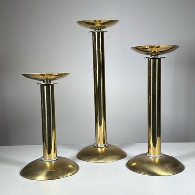 (3pc) Karl Springer Brass Candle Holders | Large and heavy mid century modern polished brass candle holders, attributed to Karl Springer...