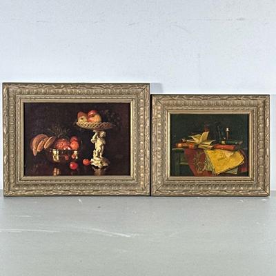 (2pc) Still Life Pictures | Pictures of fruit in compote and bowl and books, candle and paper. Gold matching frames in different sizes. -...