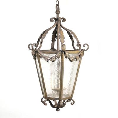 LARGE HANGING LANTERN FIXTURE | French style iron with scrollwork and garland decoration. - h. 29 x dia. 17 in (lantern only)

