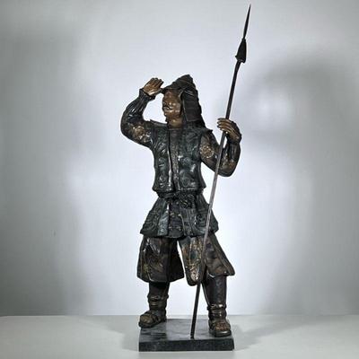 Monumental 29 in. Gilt Bronze Warrior Figure | A Chinese warrior or Japanese samurai in fancy soldier's garb with gilt engraved...