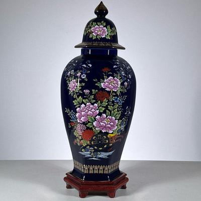 Cobalt Hexagonal Vase | Lidded jar with gilt and enamel painted decoration, on a conforming wooden stand. - h. 21 x dia. 8 in (overall...