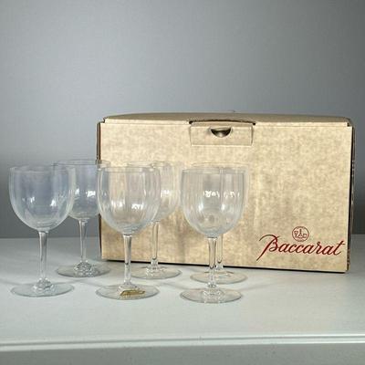 (6pc) Baccarat Wine Glasses | One glass with gold Baccarat label. - h. 6.25 x dia. 3.25 in (ea.)

