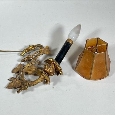 Gilt Brass Light Fixture | Wall sconce or other light fixture arm, designed as a branch with leaves and grapes, with faux candlestick...