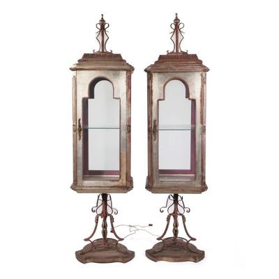 (2pc) Fantastic Italianate Display Cabinets | Four glazed sides with single cabinet door raised on wrought iron bases, with red and...