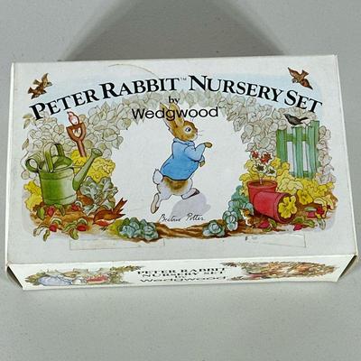 (4pc) Wedgwood Peter Rabbit Nursery Set | Comprising a plate, porringer, mug, and egg cup in Peter Rabbit patterns. - h. 8 x l. 12.5 x d....