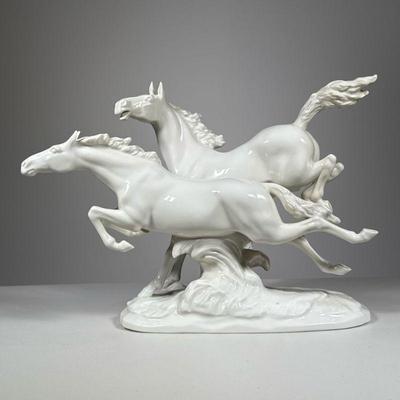 German Porcelain Horses Figure | Hutschenreuther porcelain group of white running horses, "In Freiheit" [In Freedom], Marked on...