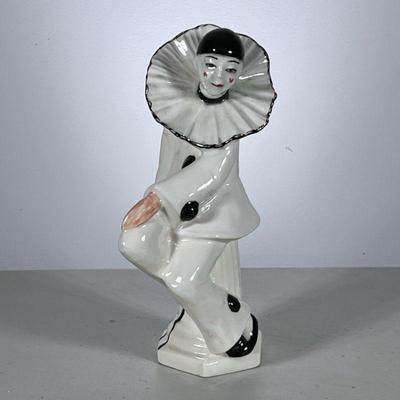 Porcelain Clown Figure | Black and white dressed clown, with incised signature on bottom “Edith W”. - h. 10.25 x w. 5.25 in